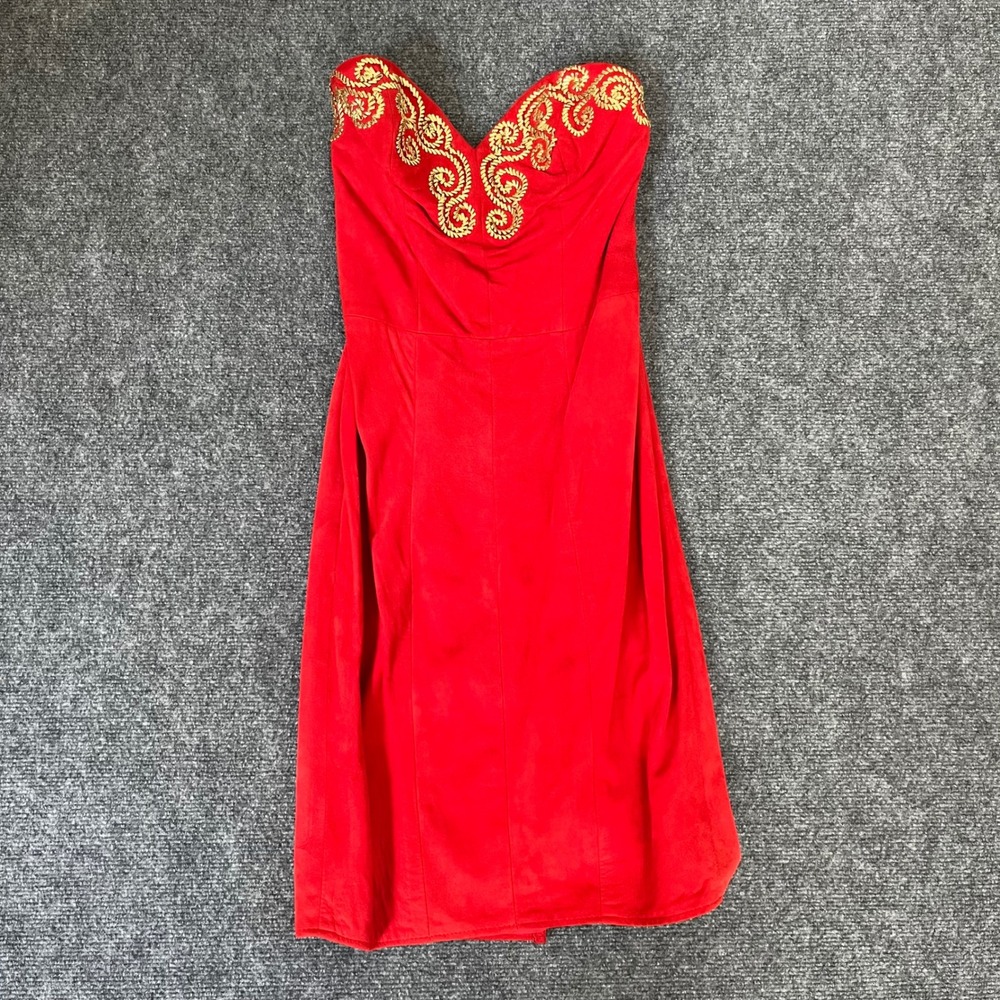 Vintage Vakko Red Suede Strapless Dress Gold Embroidery Sweetheart Neckline Sz 4